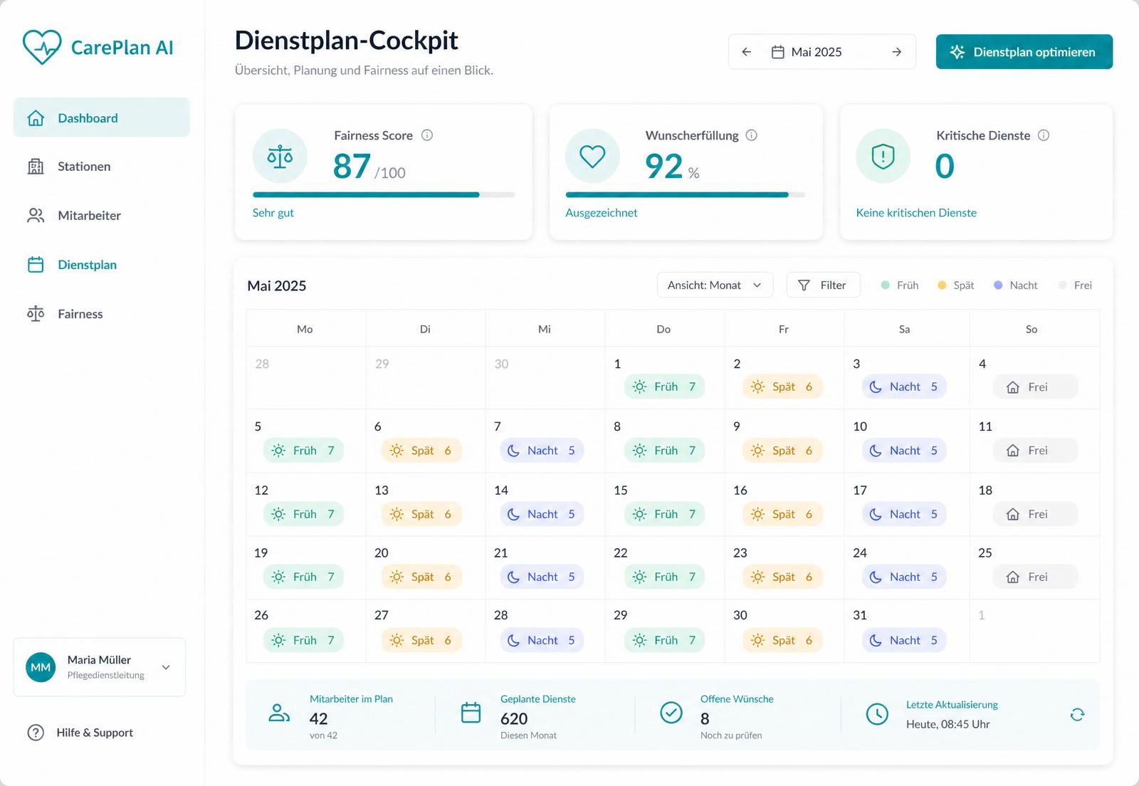 CarePlan AI Dienstplan-Cockpit mit Monatsansicht, Fairness-Score und KPI-Kacheln